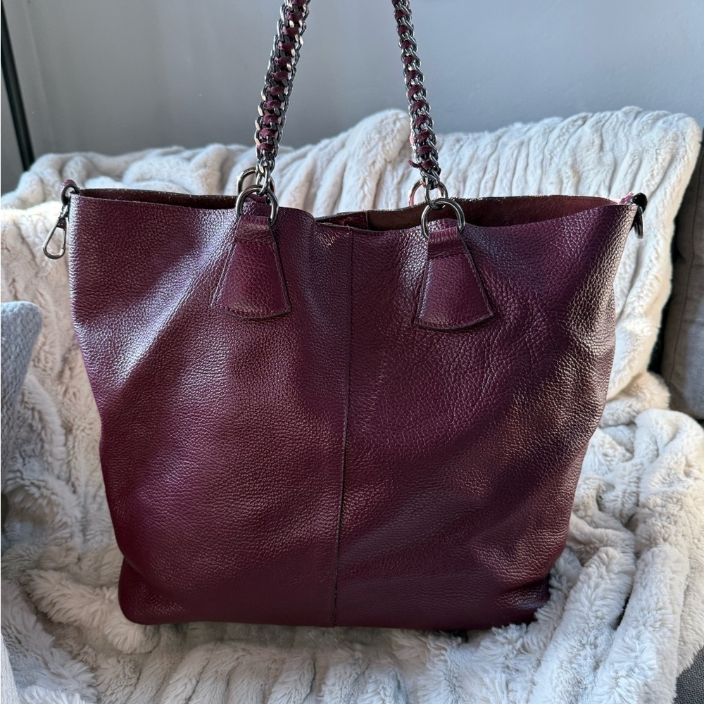 White on 8 Made in Italy Burgundy Leather SatchelTote Bag  Gunmetal Chain Straps